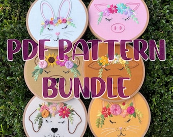 PDF Pattern Bundle - Flower Crown Friends - Cat, Cow, Dog, Rabbit, Pig, and Bear Embroidery Patterns, DIY Embroidery, Hand Embroidery