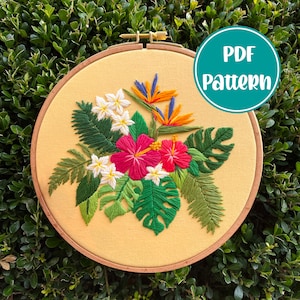 PDF Pattern - Tropical Bouquet, Advanced Embroidery, Embroidery Pattern, DIY Embroidery, Hand Embroidery, Hibiscus Floral Embroidery