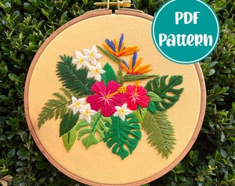 PDF Pattern - Tropical Bouquet, Advanced Embroidery, Embroidery Pattern, DIY Embroidery, Hand Embroidery, Hibiscus Floral Embroidery