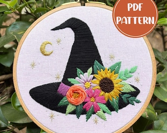 PDF Pattern - Witch's Bloom, Floral Witch Hat, Flower Halloween Spooky Embroidery Pattern, DIY Embroidery, Hand Embroidery