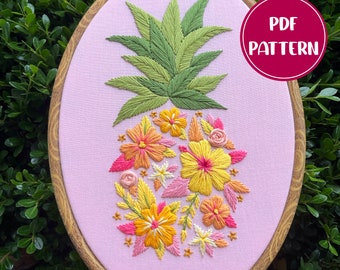 PDF Pattern - Pretty Pineapple, Tropical Floral Pineapple Embroidery, Intermediate Embroidery Pattern, DIY Embroidery, Hand Embroidery