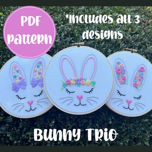 PDF Pattern - Hoppy Easter Bunny Trio Bundle, Beginner/Intermediate Embroidery, Embroidery Pattern, Hand Embroidery, Floral Embroidery