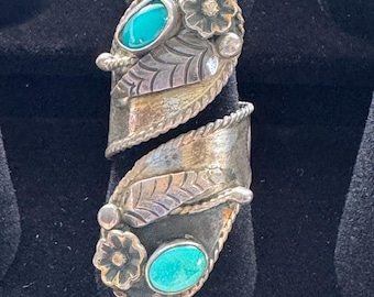 Vintage Large Bypass Wrap Adjustable Navajo Turquoise Ring size 6