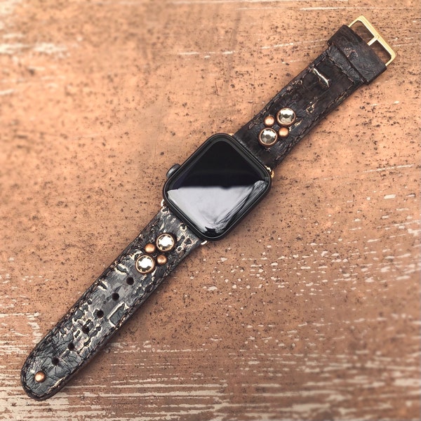 Wildwood Coffee & Gold Burned Apple Watch Band - Maroquinerie artisanale