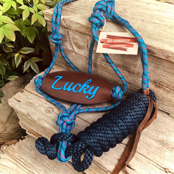 Custom Rope Halter With Lead - Leather Bronc Noseband - Hand Tooled