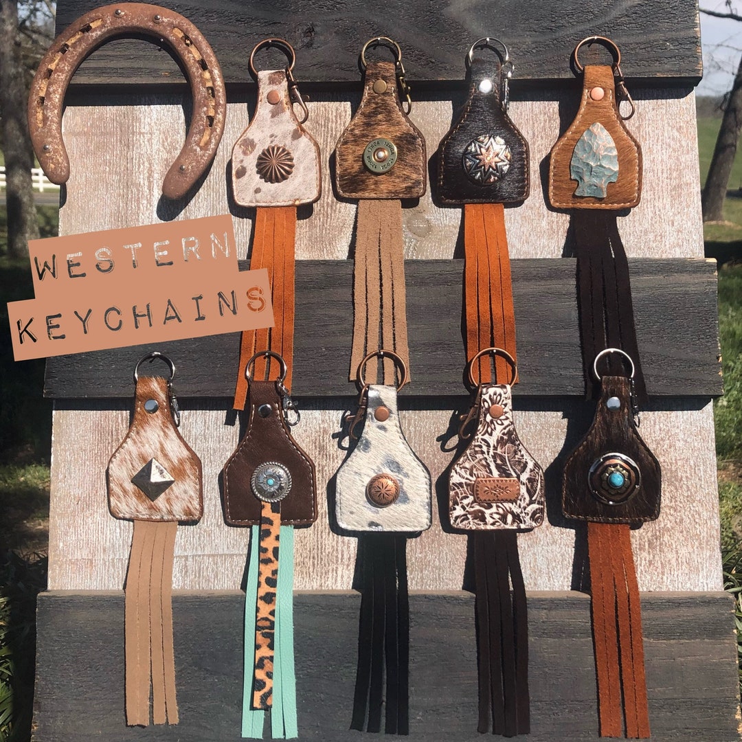 Western Keychains Cowhide Leather Ear Tag Bag Clip Bag Etsy