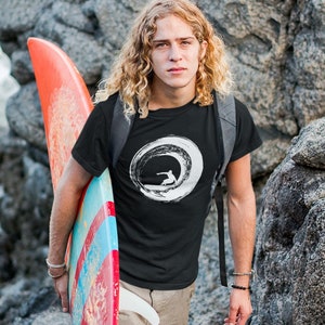 Black T-Shirt With Surfer on Ocean Wave Ocean Sport Shirt 100 Percent Cotton Simple Tee