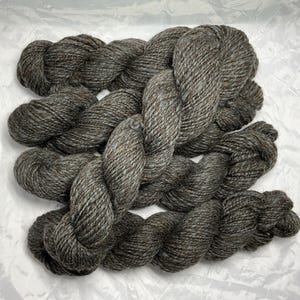 May include: A skein of dark gray yarn with a subtle fleck of brown. The yarn is twisted into a braid and is ready for knitting or crocheting.