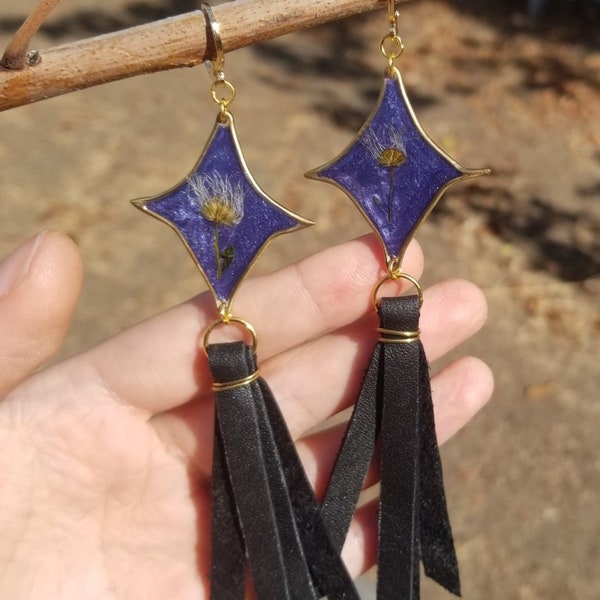 Prairie Smoke Flower Star Earrings - handmade brass frames with foraged flowers and handmade leather tassels