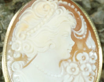 18k Yellow Gold Italian Cameo Woman Floral Pearl Necklace Victorian Carnelian Shell Pendant