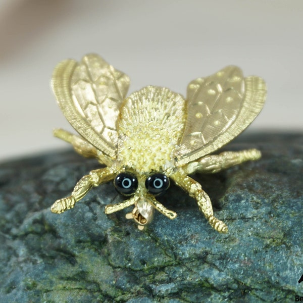 Cellino Italy 18k Yellow Gold Fly Bee Moth Insect w/ Onyx Eyes Brooch Pin