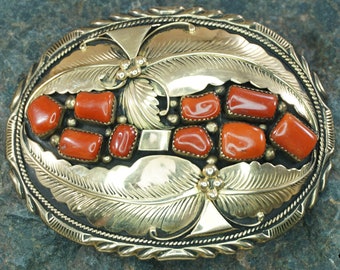 Wilbert Vandever Navajo 14k Yellow Gold & Sterling Silver Red Coral Belt Buckle