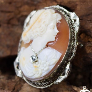 14K イエロー ゴールド & .020CT ダイヤモンド カメオ フィリグリー ボーダー ビクトリア朝 カーネリアン シェル ブローチ ペンダント