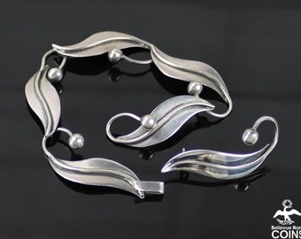 Vintage Large Delfino Taxco Mexico Eagle 3 Signed Pearl Sterling Silver Botanical Leaf Modernist Minimalist Scandinavian Style Brooch Pin