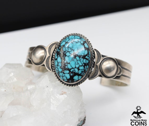 Rare Navajo #8 Turquoise Native American Jewelry Silver Coin Bracelet Rare Navajo #8 Turquoise Native American Jewelry Silver Coin Bracelet