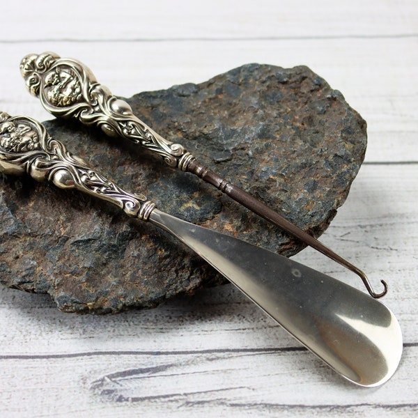 Unger Bros "Love's Dream" Antique Button Hook & Shoe Horn Sterling Silver Art Nouveau Repousse Shoe Accessory