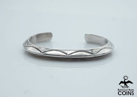 Vintage Nora Tahe Native Navajo Sterling Silver Etched Cuff Bracelet