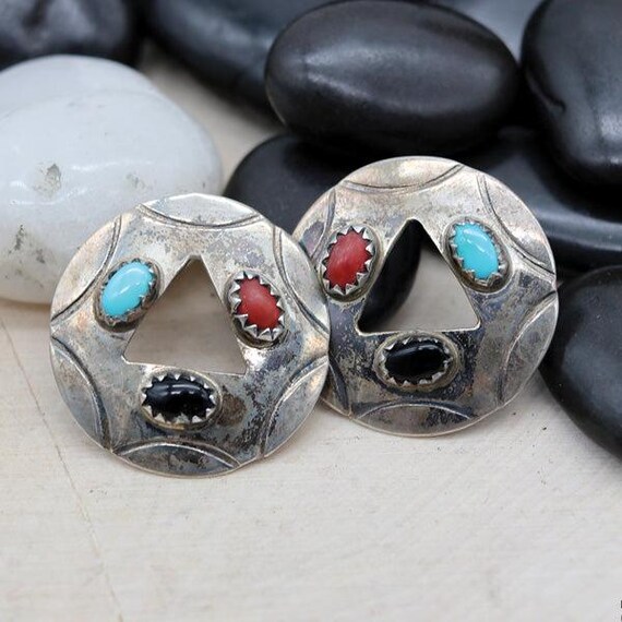 Native Southwestern Sterling Silver Multi-Stone Round Stud Earrings