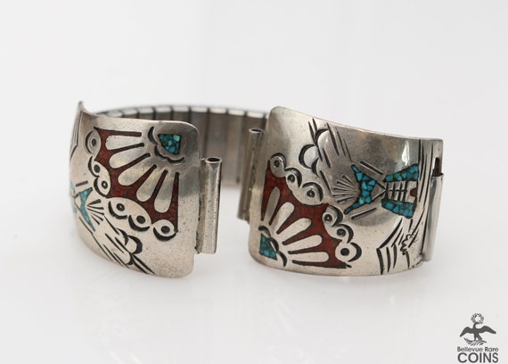 Native American Very Rare Turquoise Coral Inlay Sterling Silver Older Bracelet Native American Very Rare Turquoise Coral Inlay Sterling Silver Older Bracelet