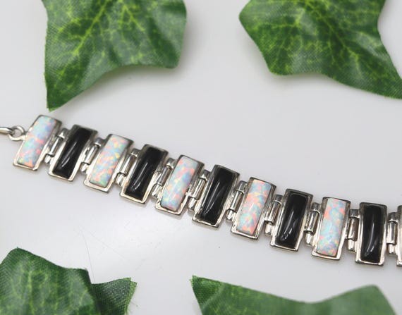 WR Sterling Silver, Opal & Onyx Link Bracelet