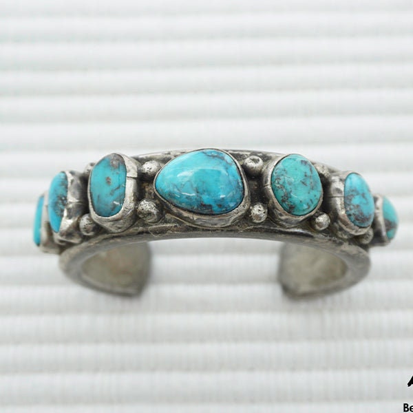 Vintage Mark Chee Navajo Silver & Turquoise Stones Decorative Stampwork Cuff Bracelet