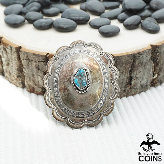 Vintage Southwestern Silver & Turquoise Etched Pa… - image 1