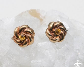 Vintage Art Nouveau 14k Yellow Gold Citrine Floral Screw-Back Earrings