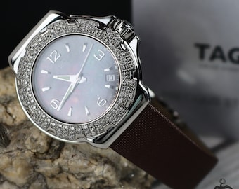 Tag Heuer Formula 1 Professional Quartz 0.75 CTW Diamond Bezel MOP Dial Brown Leather Ladies Watch w/Manual & COA WAC1217