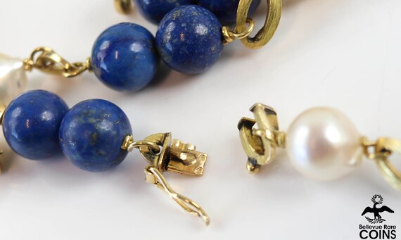 18k Yellow Gold Semi-Round White Pearl & Lapis La… - image 9