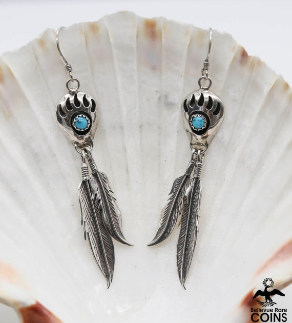 Boho Sterling Silver Turquoise Paw Print & Feather