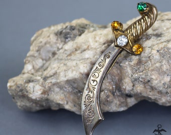 Vintage Sterling Silver (.925) Gold Tone Scimitar Sword Brooch w/Rhinestones