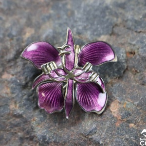 DAVID ANDERSEN Norway Sterling Silver (925) Purple Flower Orchid GUILLOCHE Enamel Brooch Vintage