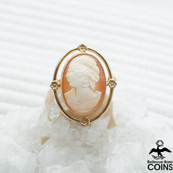 Vintage 14k Yellow Gold Carnelian Shell Carved Ma… - image 1