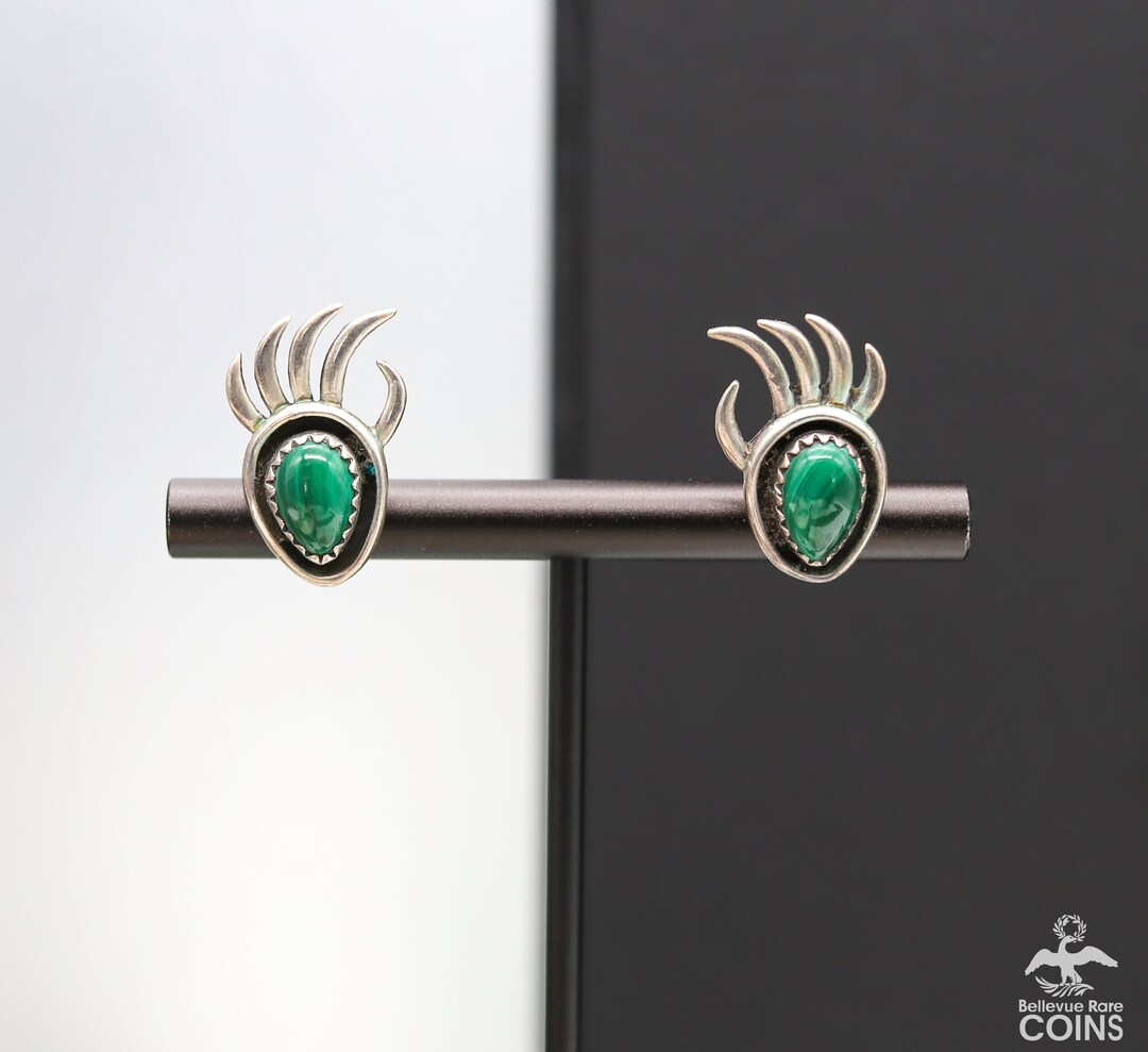 Native Richard Begay Navajo Sterling Silver Malachite Animal Claw Stud ...
