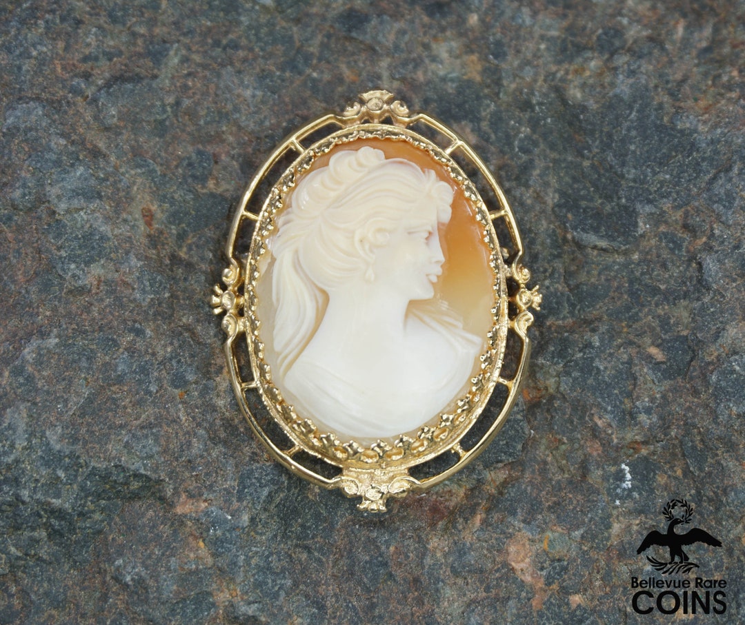 14k Yellow Gold Carnelian Cameo Woman Carved Shell Brooch - Etsy