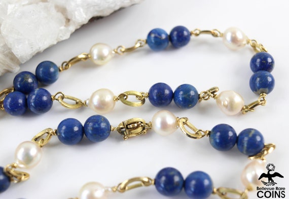 18k Yellow Gold Semi-Round White Pearl & Lapis La… - image 4