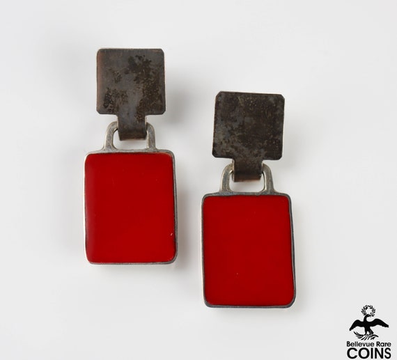 Vintage Red Square Tile & Silver Dangle Earrings - image 3