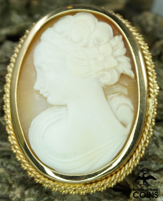 18k Yellow Gold Cameo Woman Floral Hair Victorian… - image 1