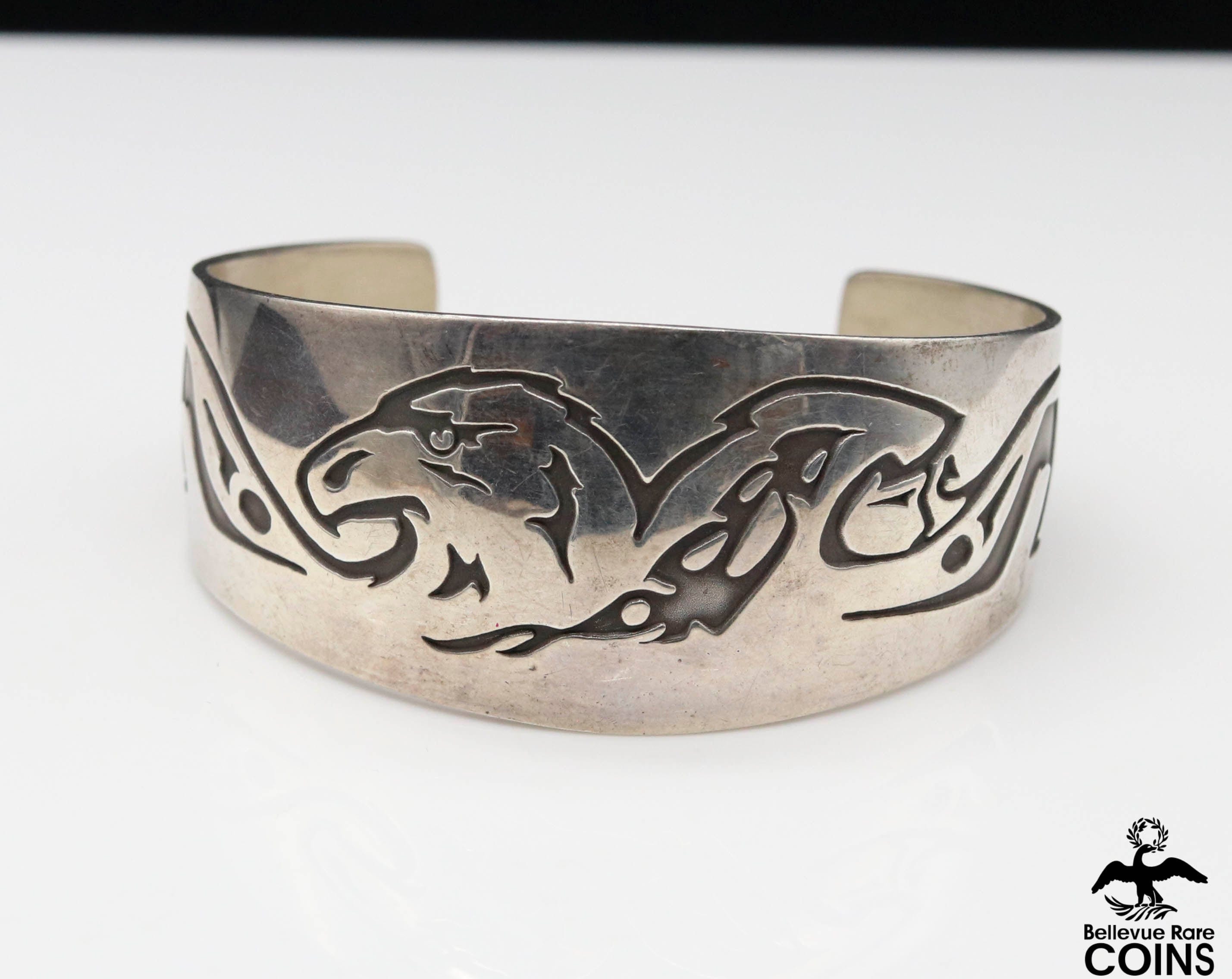 Native Sterling Silver Etched Eagle Cuff Bracelet Signed J Native Sterling Silver Etched Eagle Cuff Bracelet Signed J