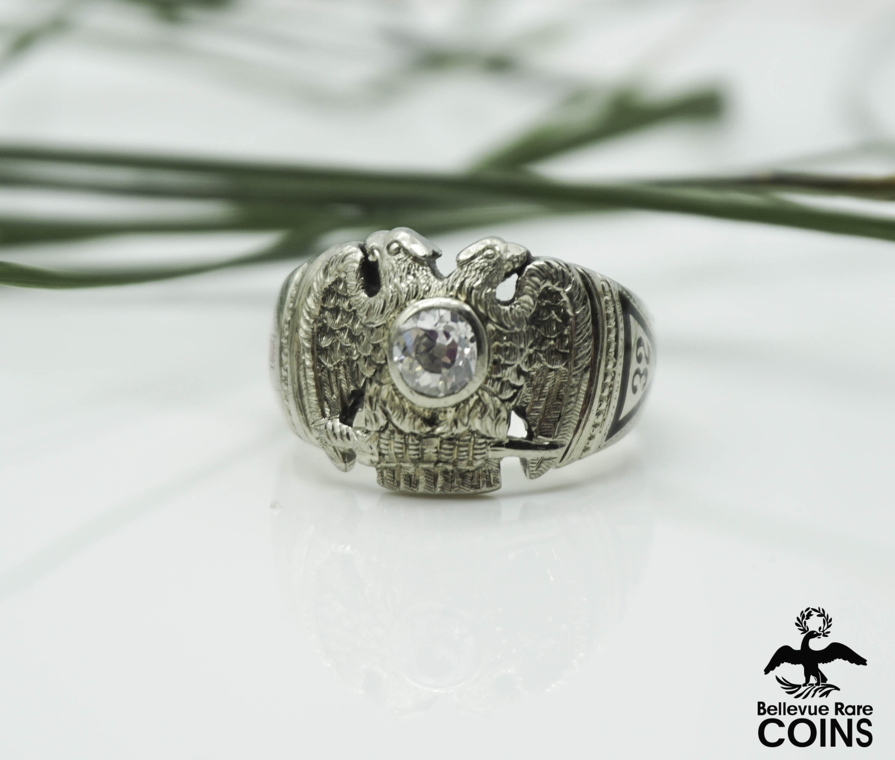 Antique 14k White Gold 0.30 CTW Diamond Masonic Knights Templar Double-Headed Eagle Ring