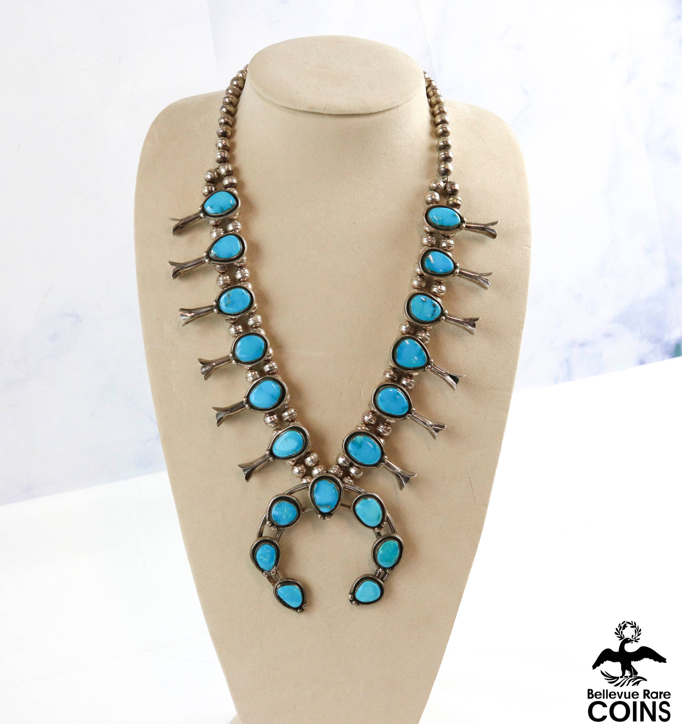 Native Southwestern Silver Bead Turquoise Squash Blossom