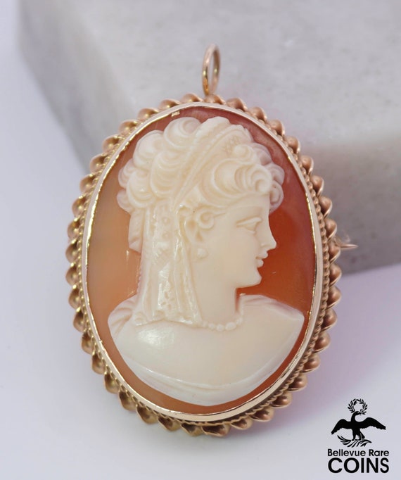 14k Yellow Gold Maiden Cameo Brooch Pendant - image 4
