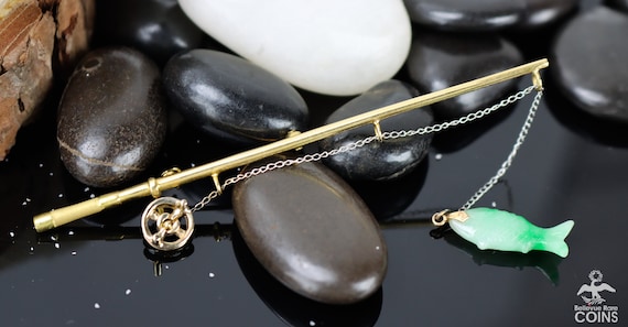 14k Yellow Gold 3D Vintage Fishing Rod w/ Chain & Jade Fish - Brooch (Movable Parts)