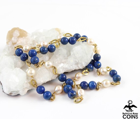 18k Yellow Gold Semi-Round White Pearl & Lapis La… - image 7