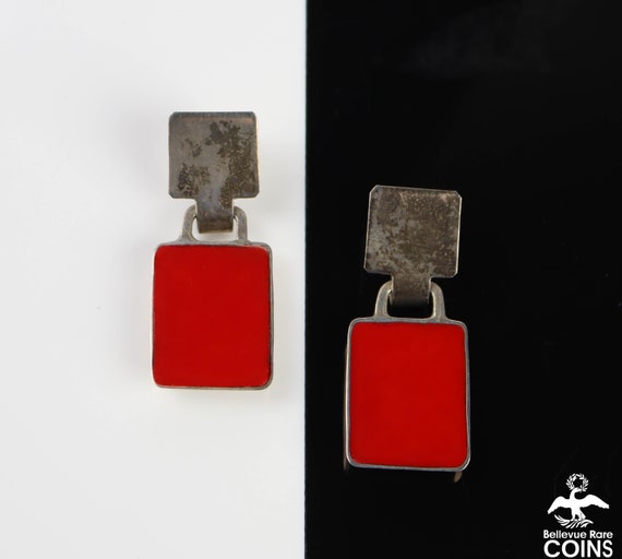 Vintage Red Square Tile & Silver Dangle Earrings - image 1