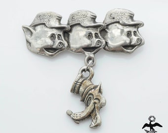 Vintage Sterling Silver 3 Little Pigs & Big Bad Wolf Brooch