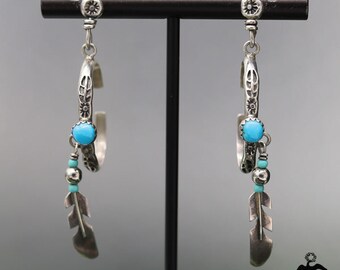 Southwestern Sterling Silver Turquoise Hoop & Feather Dangle Earrings