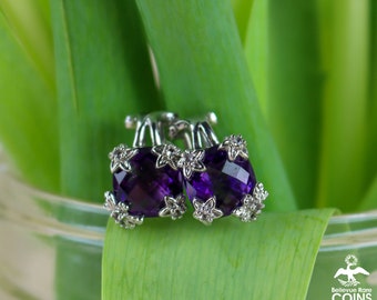 Amethyst & White Stone Sterling Silver(.925) Square Clip-On Earrings w/Dragonfly + Flowers