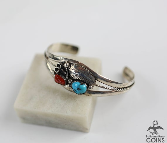 Southwestern Silver Turquoise Red Coral Cuff Brac… - image 1