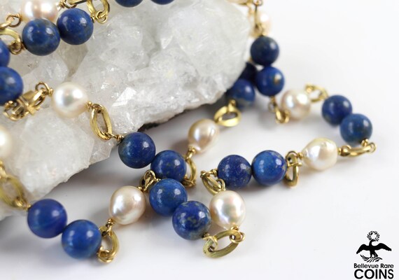 18k Yellow Gold Semi-Round White Pearl & Lapis La… - image 5